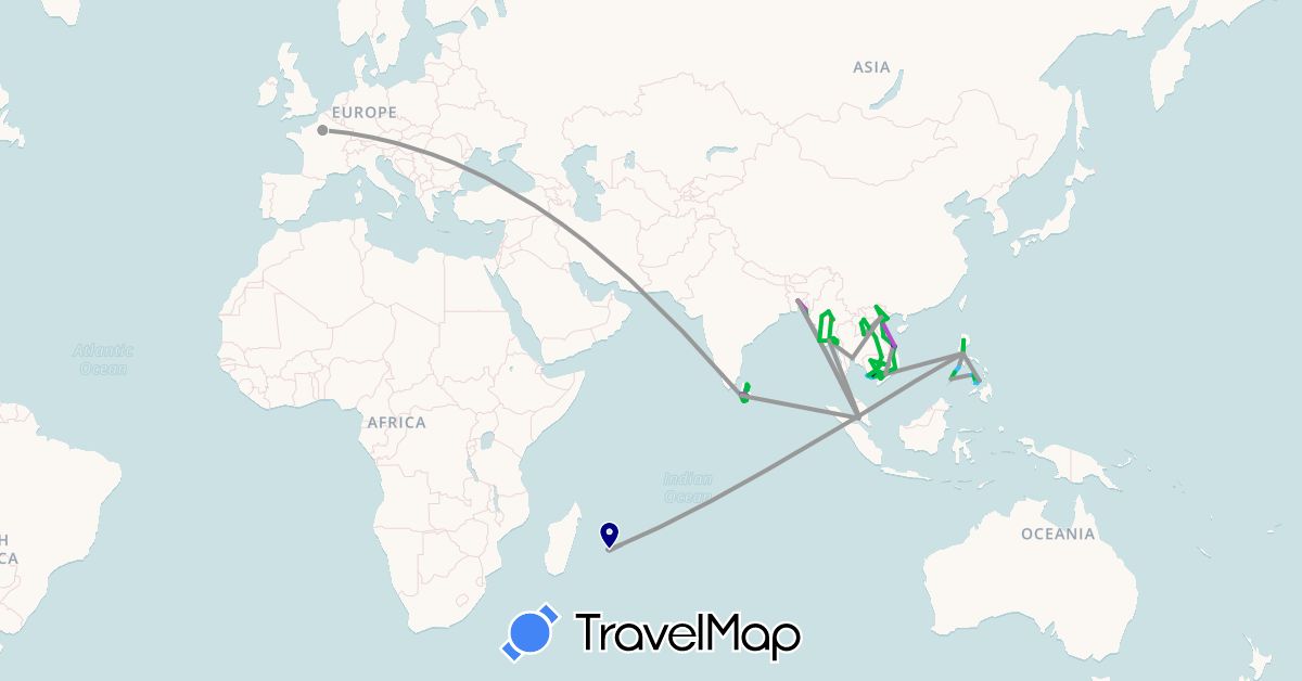 TravelMap itinerary: driving, bus, plane, train, hiking, boat, motorbike in Bangladesh, France, Cambodia, Laos, Sri Lanka, Myanmar (Burma), Mauritius, Malaysia, Philippines, Réunion, Thailand, Vietnam (Africa, Asia, Europe)